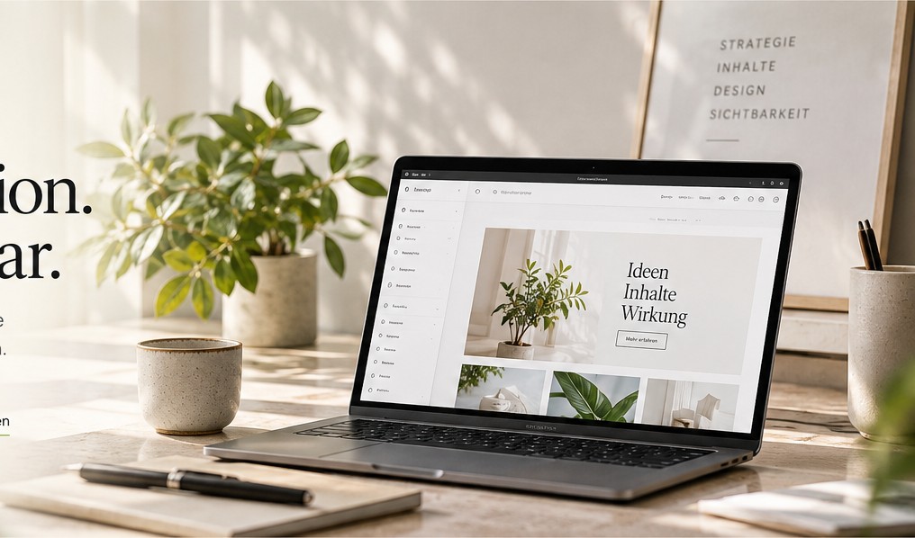 Arbeitsplatz mit Bildschirm, Notizbuch und Materialien für Webdesign, Konzeption und digitale Inhalte